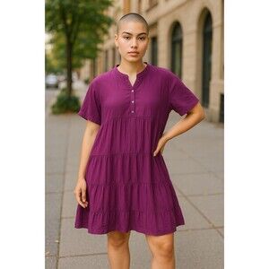 La Contessa Oversized 100% Silk Sheer Short Sleeve Tiered Babydoll Mini Dress LG